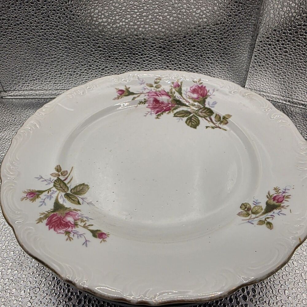 Ceramic Collector Plate Pink Rose Floral White/Green Decorative Round